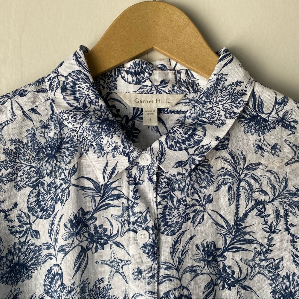 Garnet Hill Nautical Print 100% Linen Long Sleeve Button Shirt 8 Coastal Beachy - Picture 2 of 10